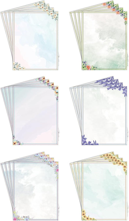 Stationery Paper, 100 Sheets, Floral Letter Writing Stationery, Letter Size 8.5 x 11 inch, 6 Unique Double Sided Designs, by Better Office Products, 100 Pack