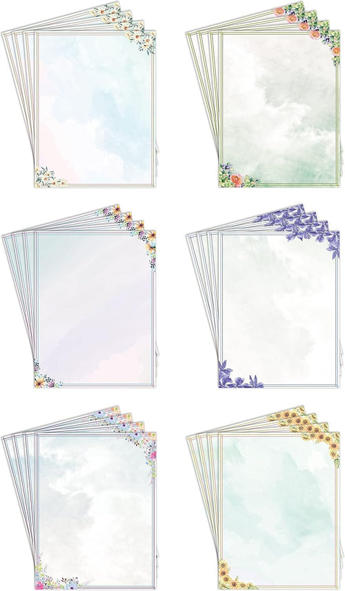 Stationery Paper, 100 Sheets, Floral Letter Writing Stationery, Letter Size 8.5 x 11 inch, 6 Unique Double Sided Designs, by Better Office Products, 100 Pack