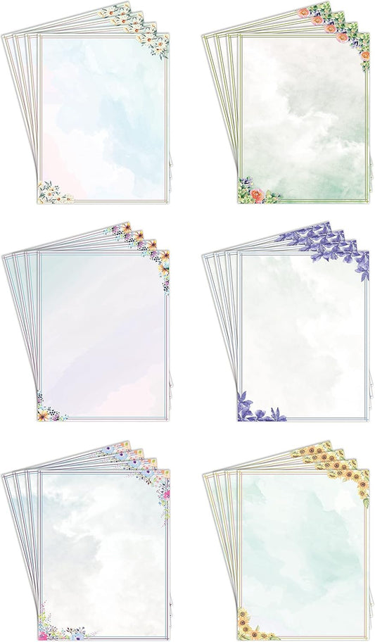 Stationery Paper, 100 Sheets, Floral Letter Writing Stationery, Letter Size 8.5 x 11 inch, 6 Unique Double Sided Designs, by Better Office Products, 100 Pack