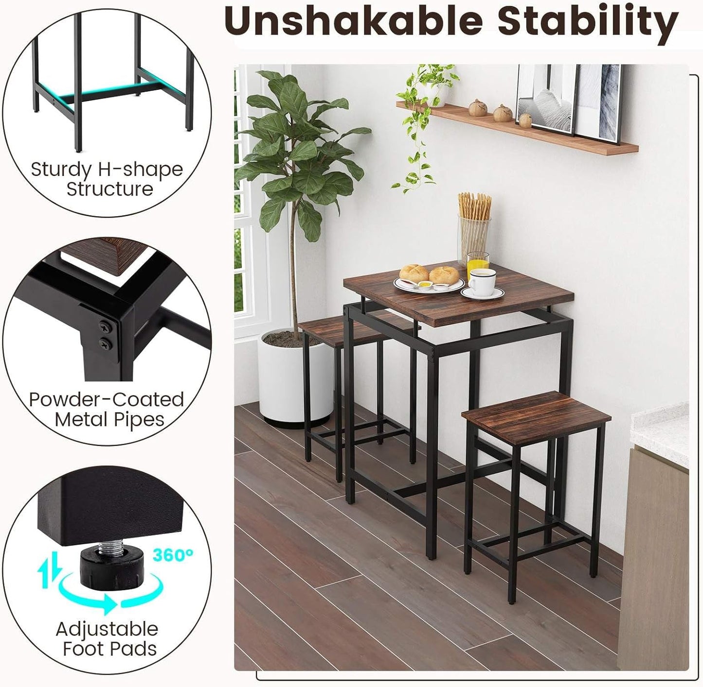 Costway 3 Pieces Bar Table Set, Square Counter Height Table with Stools, Floating Tabletop & Footrest, Industrial Pub Table Set for Small Space, Breakfast Nook, Kitchen, Rustic Brown