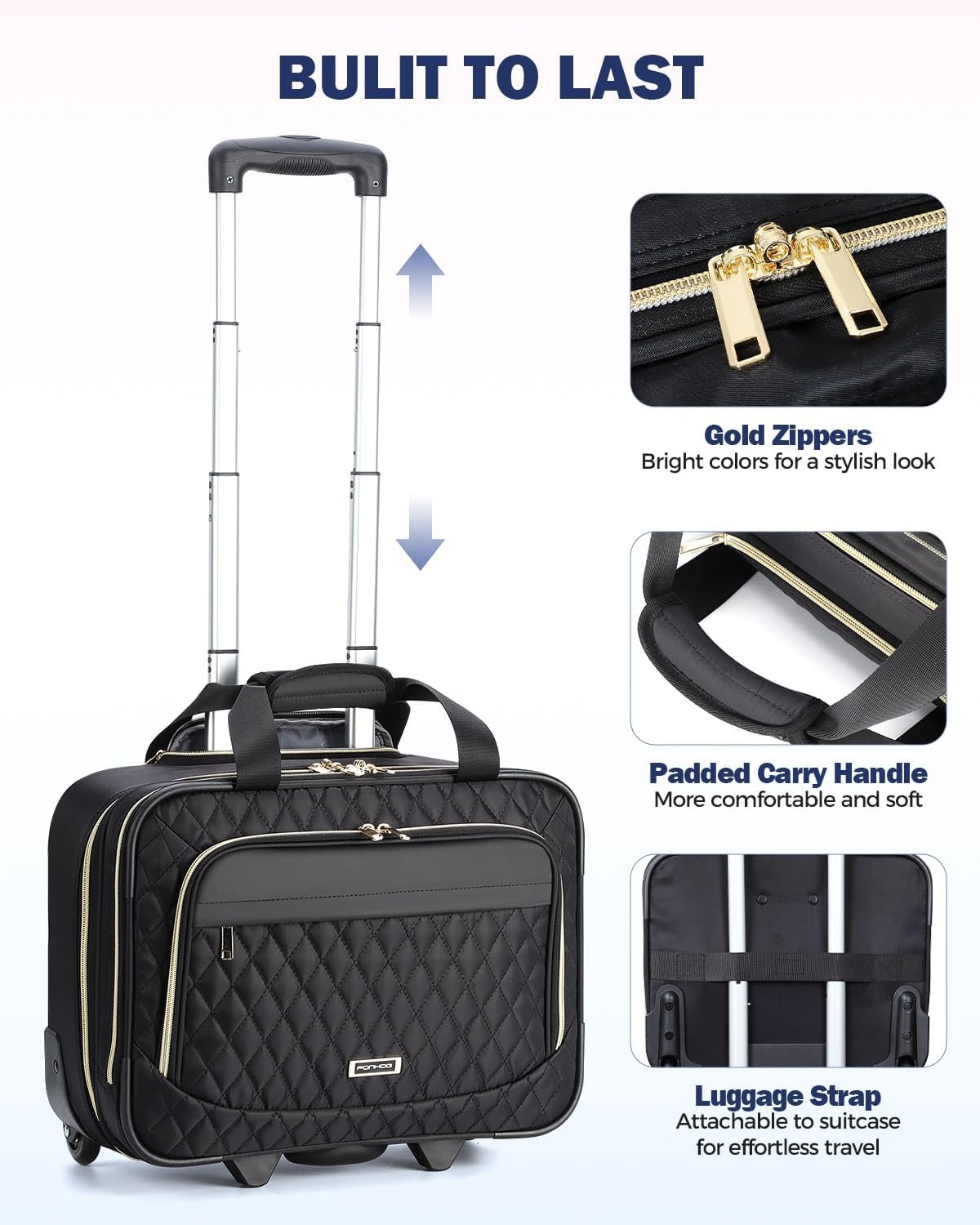 Ponhog Rolling Laptop Bag - Rolling Briefcase for Women 17.3 Inch Laptop Bag with Wheels Flight Approved Roller Bag Carry On Luggage for Work Travel College Computer Business Lightweight Black, Black,