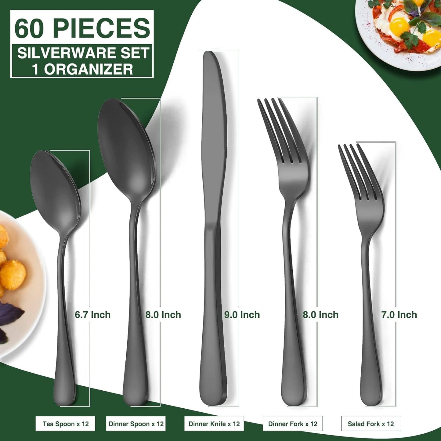 60-Piece Black Silverware Set with Organizer, AIVIKI Stainless Steel Flatware Set for 12, Cutlery Utensil Sets for Home Restaurant, Include Knife Fork Spoon Set, Mirror Finish, Dishwasher Safe