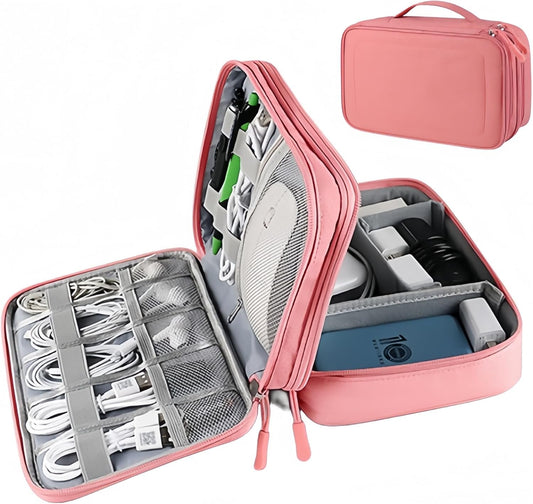 wigmoa Travel Electronics Organizer Waterproof Double Layer Cable Storage Bag for Electronic Accessories, Large Shockproof Case for Cords, Tablets, Power Banks Organizer Bag MT-Y (Pink)