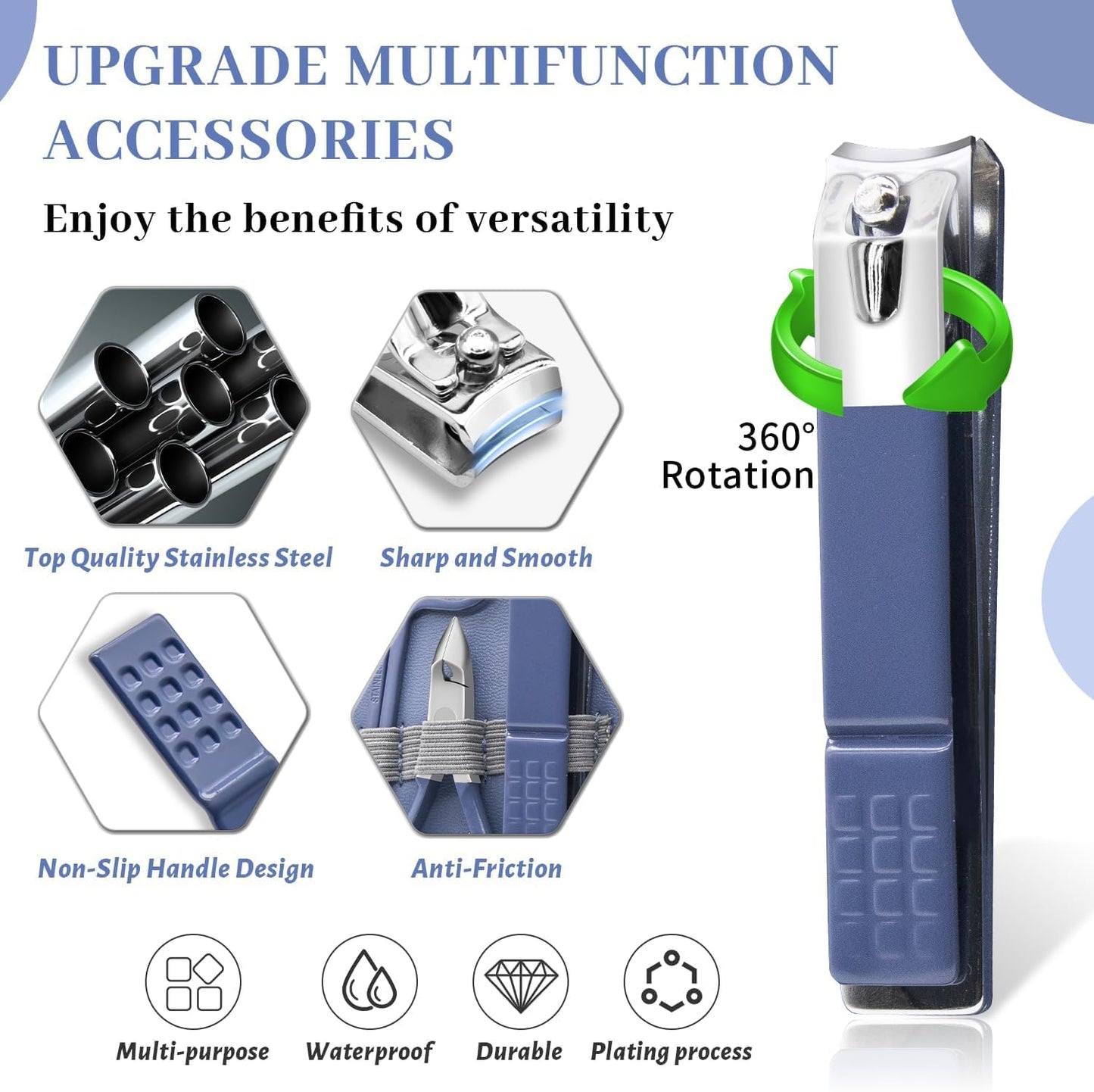 Sawanork Manicure Set, Nail Clippers Pedicure Kit, 16 Pieces Stainless Steel Manicure Kit, Personal Nail Care Tools, Professional Grooming Kits with Travel Leather Case for Thick Nails (Blue)