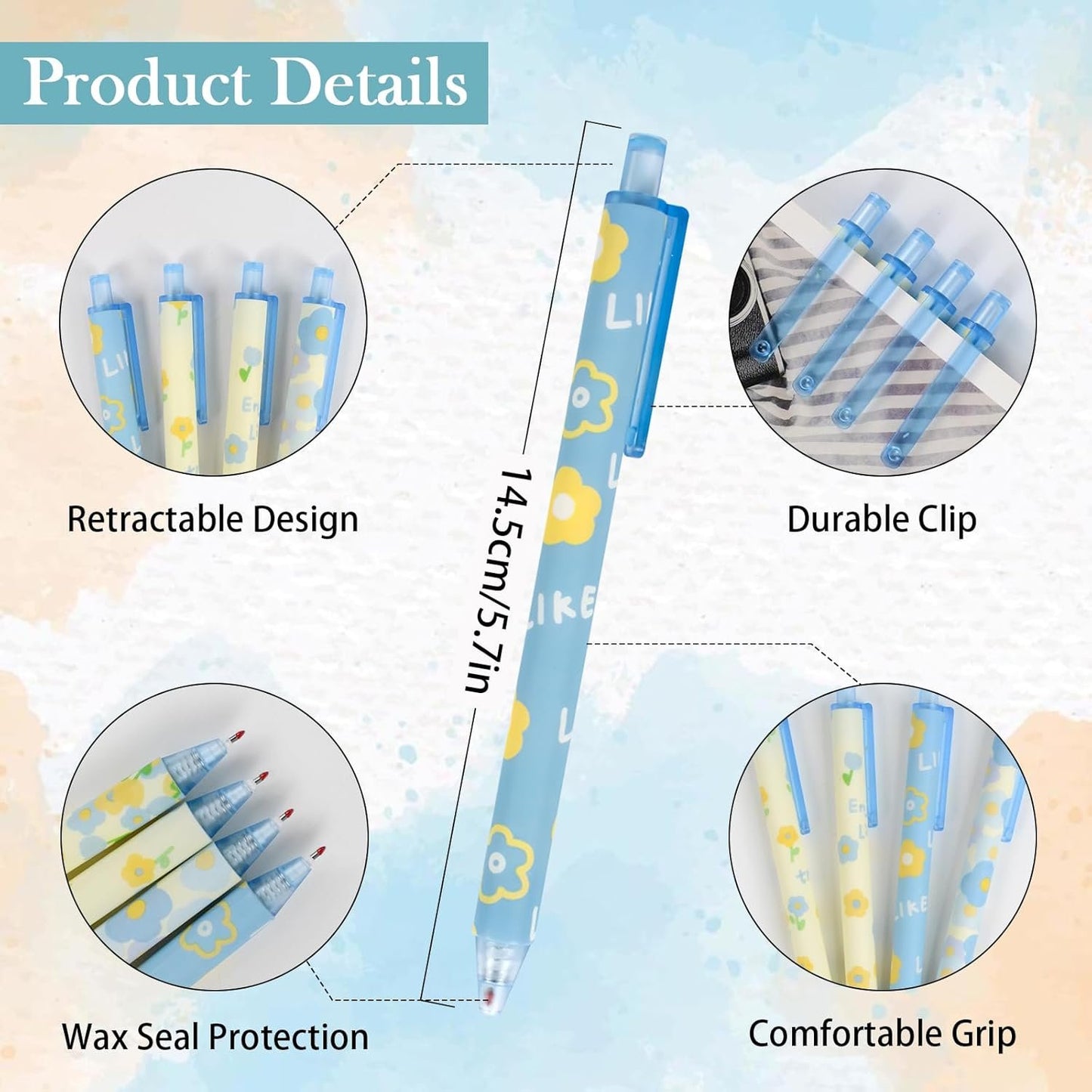 TPBSITNS 8pcs Aesthetic Retractable Black Ink Pens, Cute Kawaii Press Ballpoint Pens with Soft Grip, 0.5mm Flower Pens Cartoon Gel Ink Pen for Kids Students School Office Class Stationery