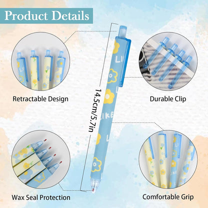 TPBSITNS 8pcs Aesthetic Retractable Black Ink Pens, Cute Kawaii Press Ballpoint Pens with Soft Grip, 0.5mm Flower Pens Cartoon Gel Ink Pen for Kids Students School Office Class Stationery
