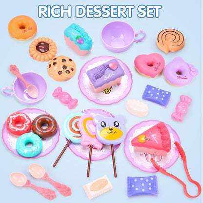 REMOKING 45PCS Unicorn Toys Tea Party Set for Girls,Birthday Gifts for Toddler Age 3+, Pretend Teapot,Dessert Playset, Carrying Case for Role Play,Princess Toy for 2-6 Year Old Kids