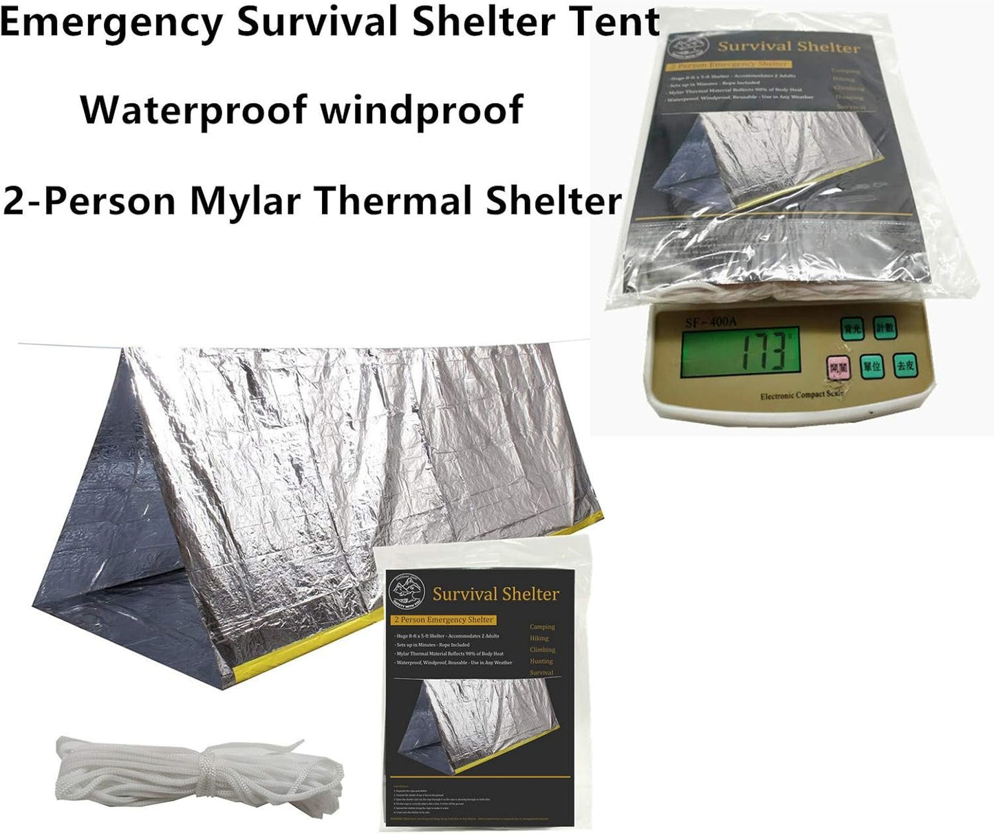 Emergency Tent, 2-Person 8’ X 5’ Waterproof Mylar Thermal Survival Shelter Tube Tent for Hiking Camping (Silver)