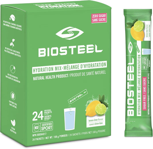 BioSteel Hydration Mix, Proudly Canadian - Great Tasting Hydration with Zero Sugar, and No Artificial Flavours or Preservatives, Lemon Lime Flavour, 24 Single Serving Packets