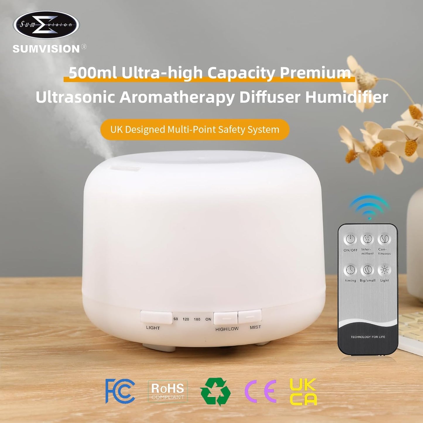 Humidifier Electric Diffuser SUMVISION 500ml Lavender Essential Oils Air Fresheners For Home Decor Baby Bedroom Diffusers LED Night Light with Remote Control Timer Aromatherapy (FREE UK TECH SUPPORT)