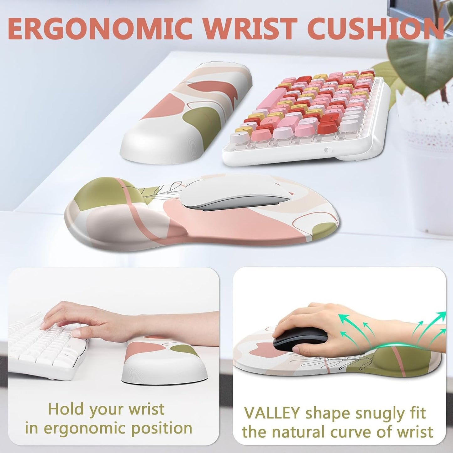 AKIT Ergonomic Mouse Pad with Wrist Rest for Computer Keyboard, Cute Pink Keyboard Mouse Pad with Valley Design Wrist Support Soft Foam Keyboard Pad Mousepad Gaming Wrist Pad for Office Work Desk