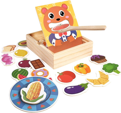 Wooden Feeding Toy, Bear Pretend Food Set, Encourages Learning Play Set, Educational Training Game for Toddler Ages 3+, 6.61 x 5.79 x 1.89 inches, Multicolour