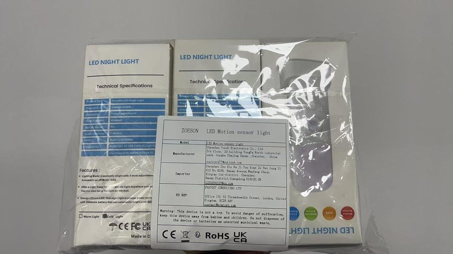 Zoeson Motion Sensor Light Indoor with Base, USB Rechargeable Battery 2000mAh, Dimmable LED Night Light, Bedside Lampfor Kids Room, Bathroom,Living Room, Bedroom(Warm White) (3-Pack)