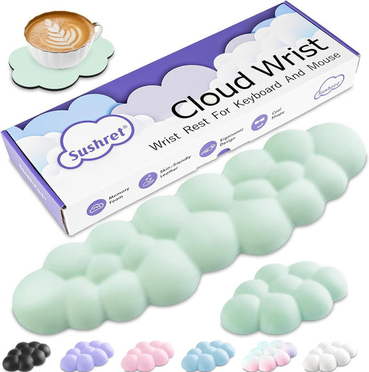 Sushret Cloud Wrist Rest Keyboard, Cloud Palm Rest Set with PU Leather Memory Foam, Cute Keyboard Rest for Wrist Support and Arm Rest, Desk Cloud Wrist Pad for PC/Gaming/Laptop/Computer-Light Green