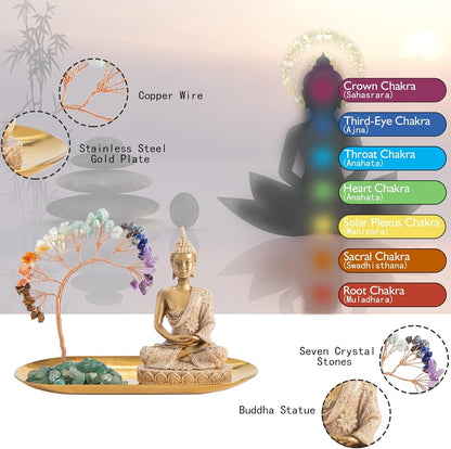 7 Chakra Healing Crystal Tree and Zen Statue, Sakyamuni Buddha Statue, Meditation Chakra Decoration, Home, Shelf, Office, Mantle Decoration, Good Luck，Health and Wealth