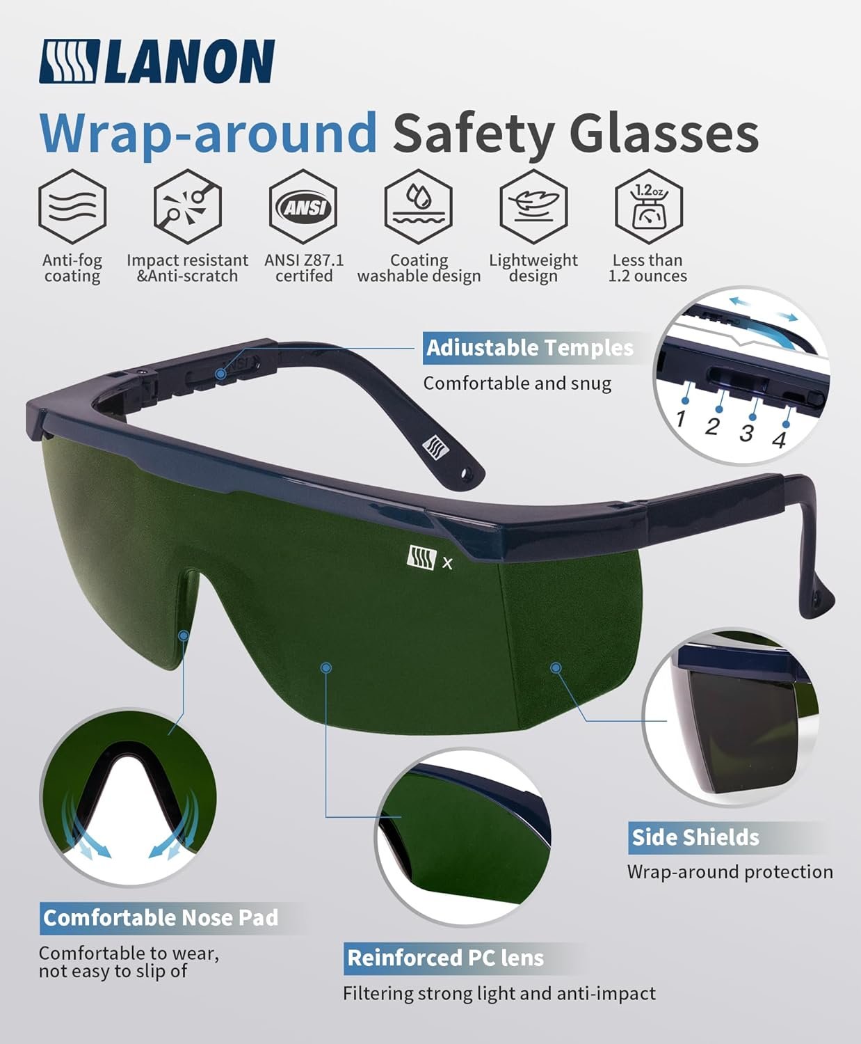 LANON Welding Safety Glasses,IR Filter Shade 5.0 Lens,Anti-Scratch & Anti-Impact,ANSI Z87.1 Double-sided Antifog,Wrap-Around Protective Safety Goggles,UV Protection