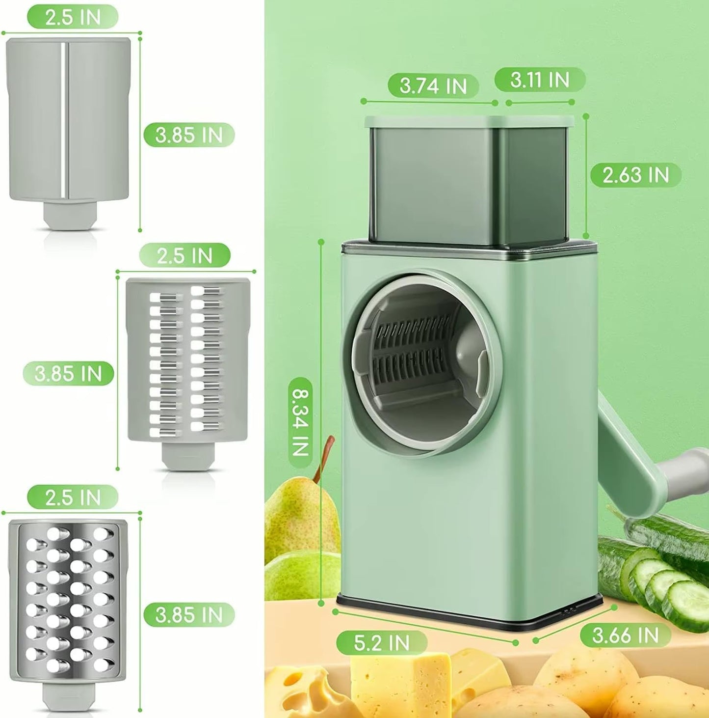 Rotary Cheese Grater with Handle - Vegetable Shredder with 3 Well-Designed Blades & Strong Suction Base, Round Mandoline Slicer & Multifunctional Food Vegetable Cutter Potato Slicer for Kitchen