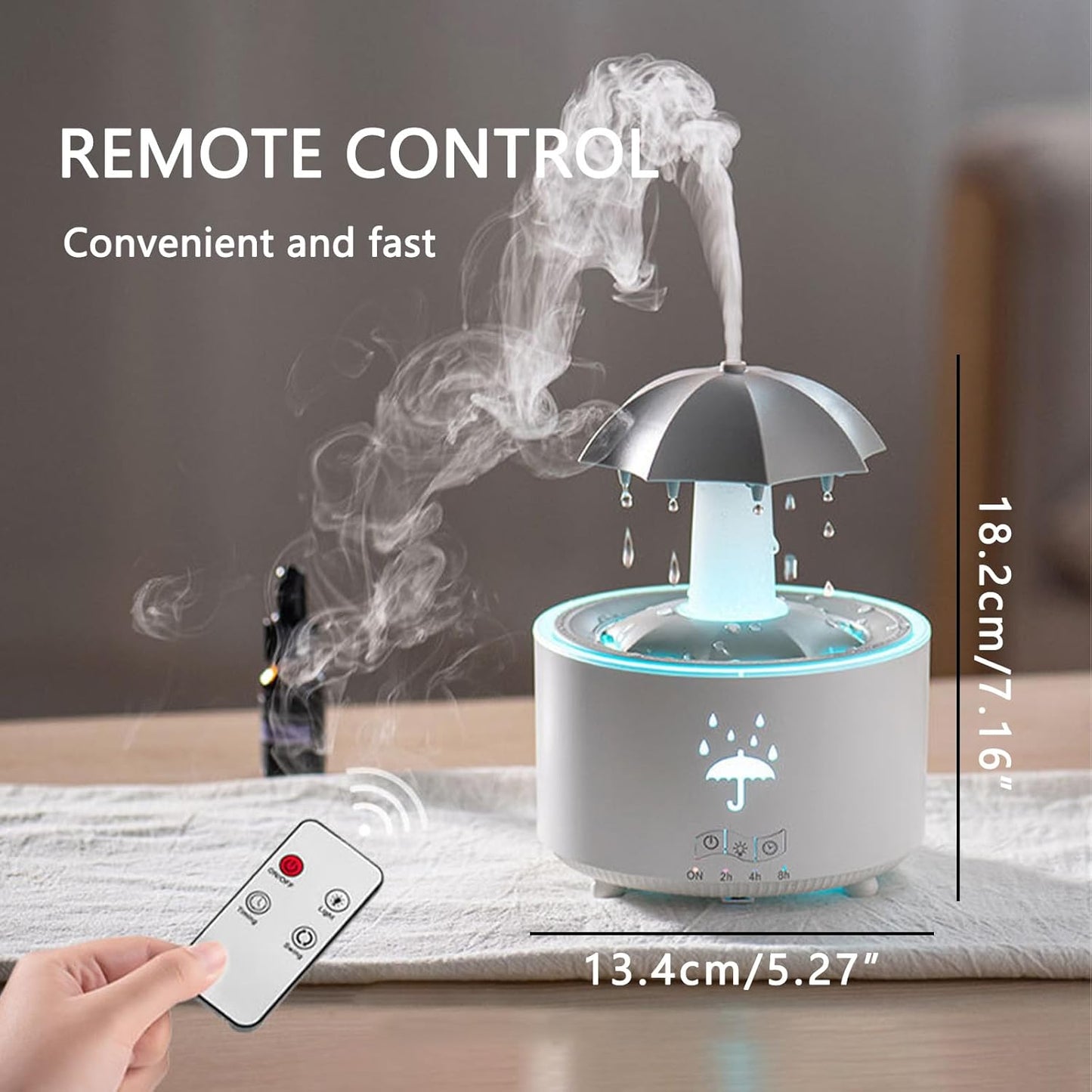Umbrella Humidifier for Bedroom, Rotate Umbrella Rain Humidifier with Remote Control, 300ML Aroma Diffuser, 7 Colors Mood Light, Timer and Waterless Auto-Off, Air Humidifiers for Desk
