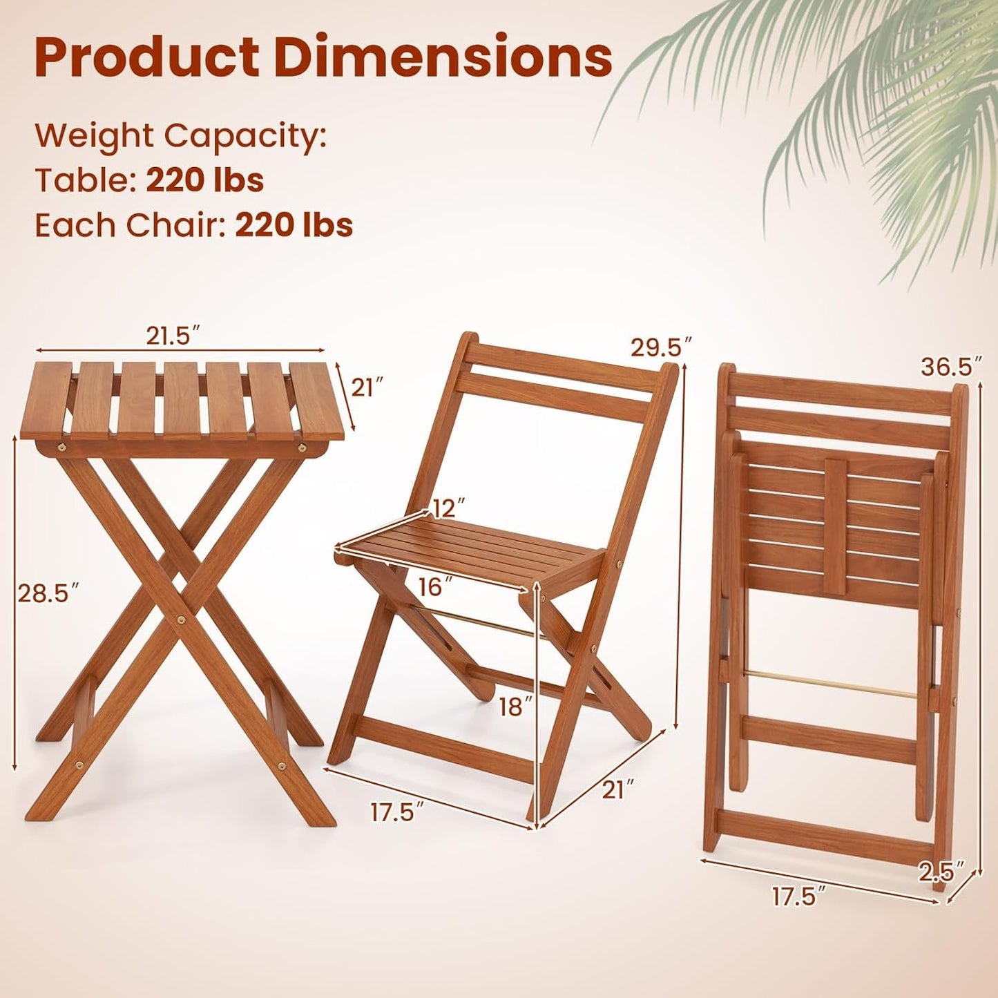 HAPPYGRILL 3 Piece Outdoor Wood Bistro Set, Solid Wood Furniture Set w/ 2 Folding Chairs & Dining Table, Slatted Seat & Tabletop, Patio Dining Set for Backyard, Poolside