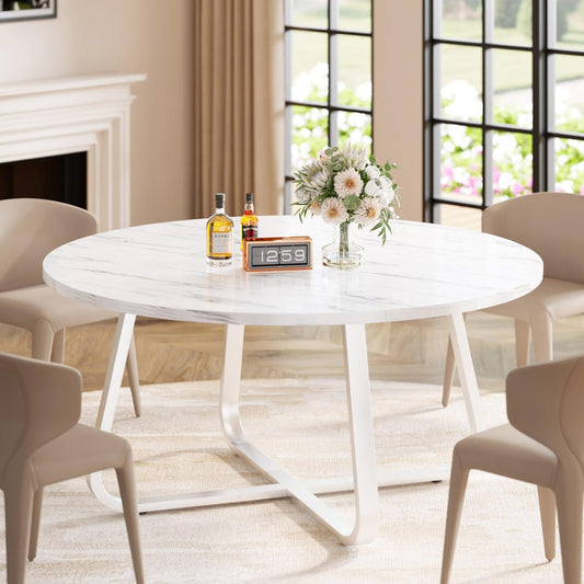 LVB White Faux Marble Round Dining Table, Circle Dining Table Kitchen 4-6 People, Mid-Century Pedestal Dinner Office Living Room, White Marble, 51 Inch