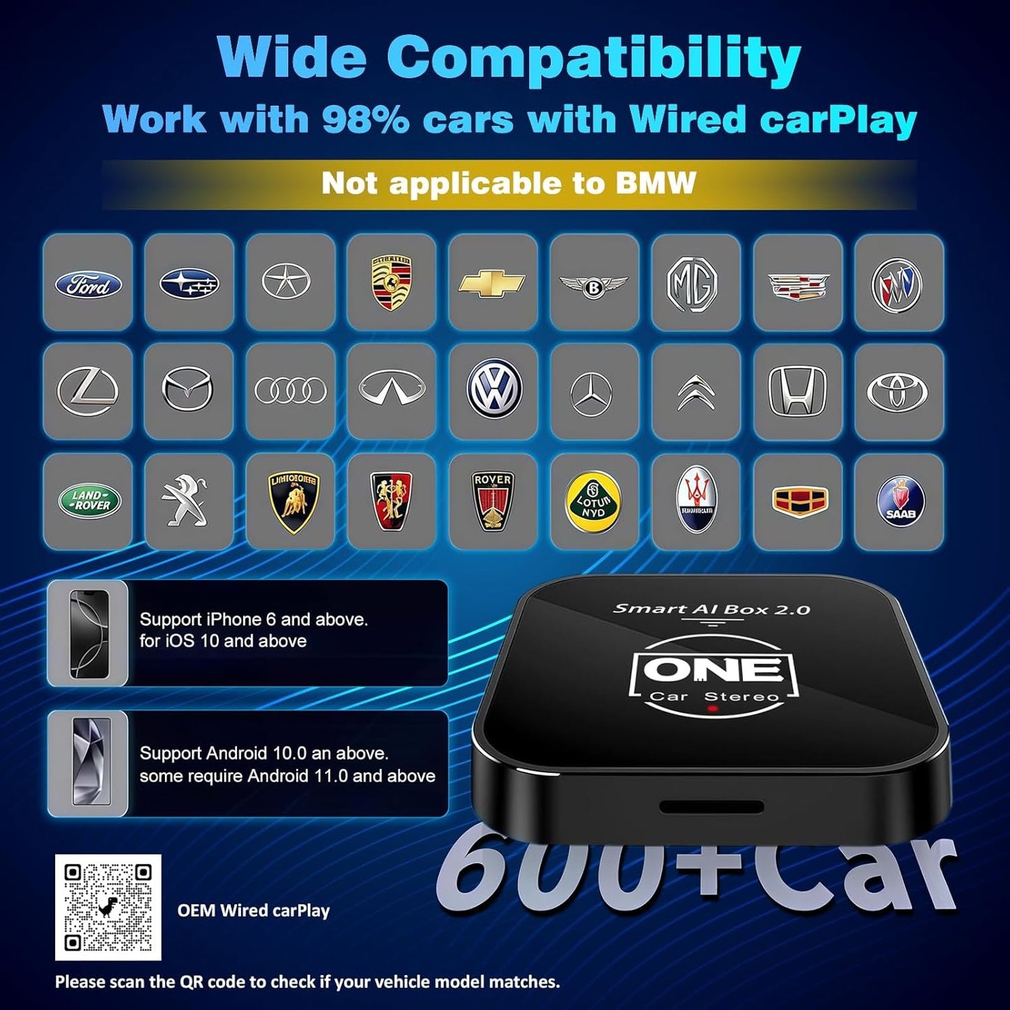 2025 Smart Ai Box 2.0 Wireless CarPlay Android Auto Adapter Dongle for Cars with OEM Wired CarPlay, Magic CarPlay Ai Box Streaming YouTube TikTok Netflix Video Apps, Support TF Card GPS Dual WiFi