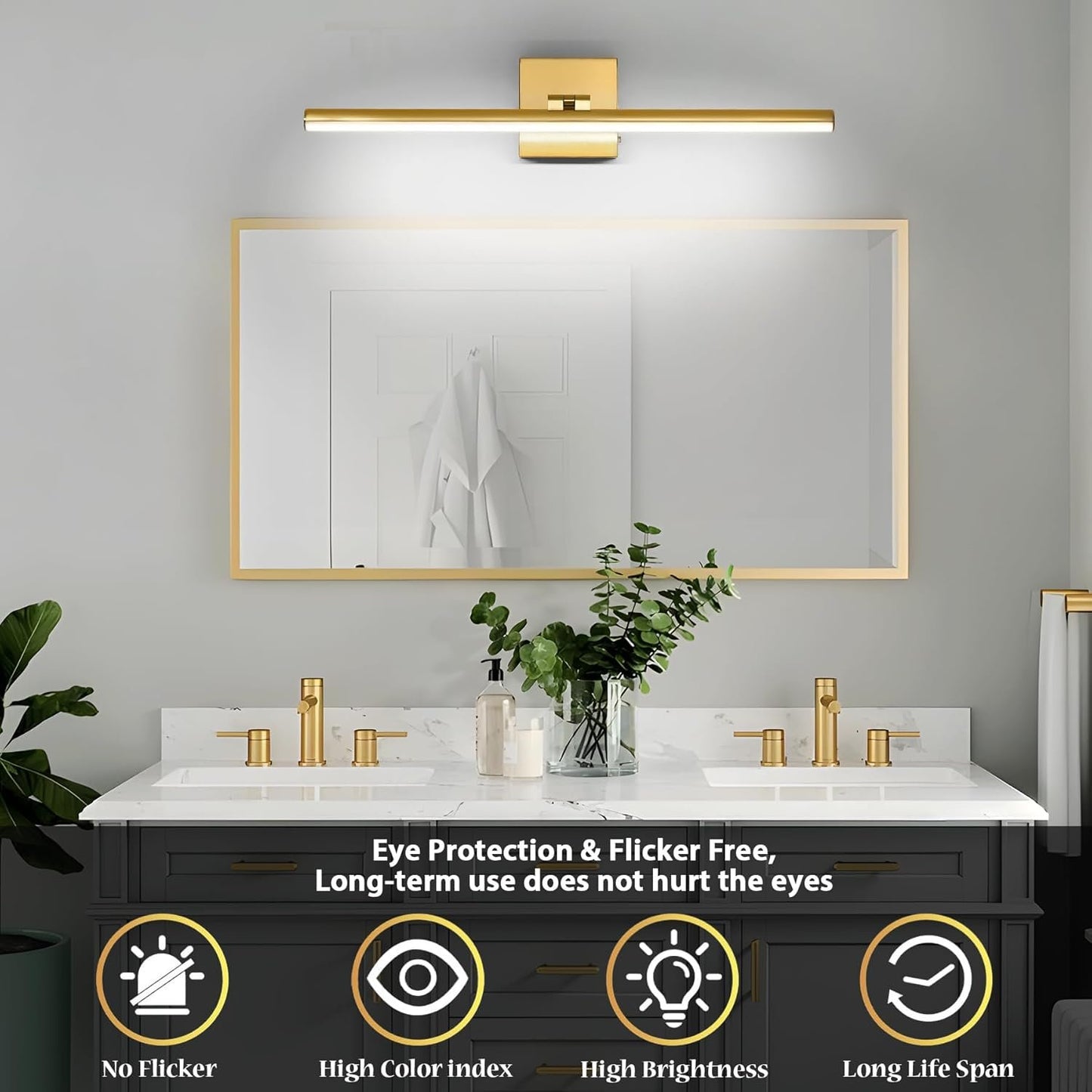 BrkNit 24 Inch LED Bathroom Vanity Light (3000K/4000K/6000K, Dimmable), Brass Modern Bathroom Light Fixture Over Mirror, Vanity Light Bar for Bathroom with Angle Adjustable