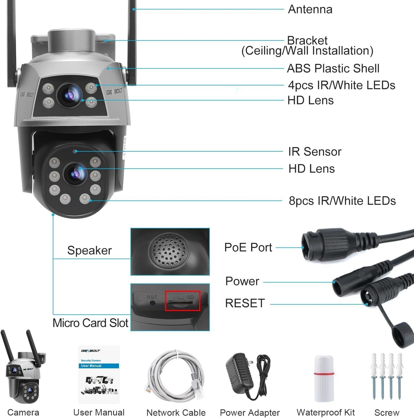 GENBOLT WiFi Security Camera Outdoor with PoE, Dual Lens Home Surveillance IP Camera CCTV with Color Night, Auto Tracking Human Detection Pan Tilt Digital Zoom Spotlight Camera