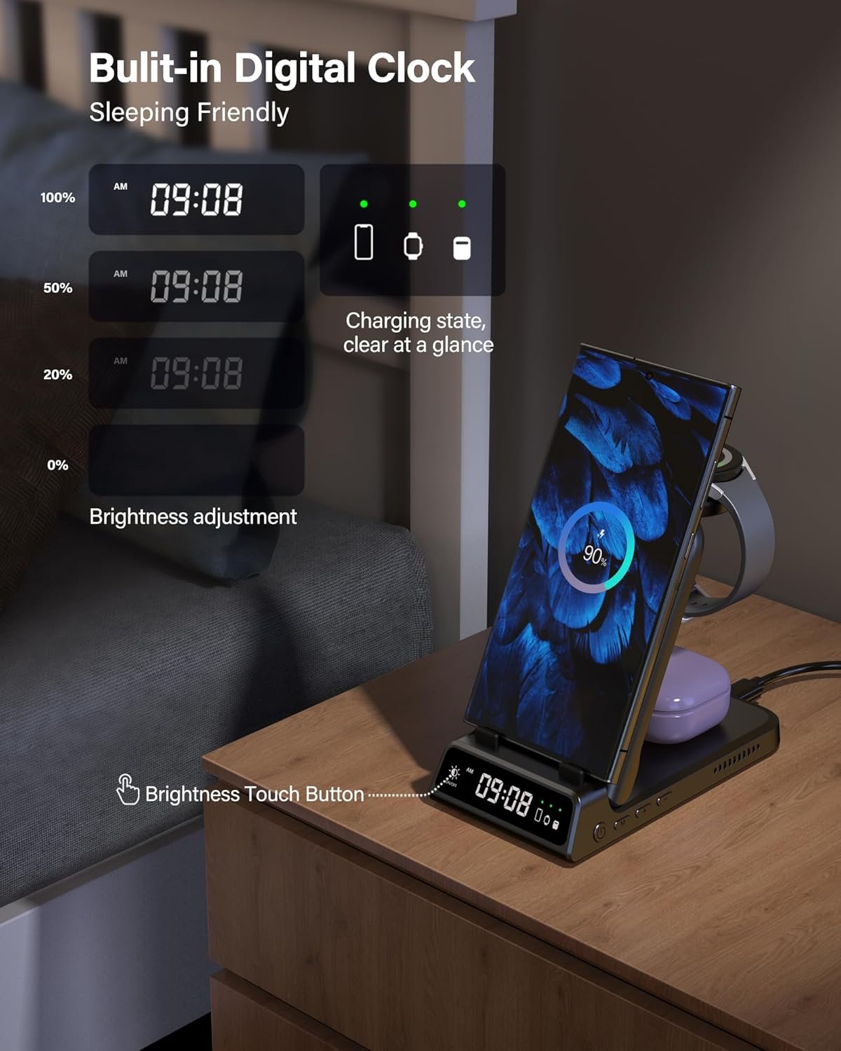 SwanScout 3 in 1 Wireless Charging Station for Samsung S25, Foldable Charger Dock for Galaxy Watch Ultra/7/6/5/4/FE, Galaxy S25/S24/Note20/Z Fold, Buds Pro/3/2, Model 703S (No Adapter) (Black)