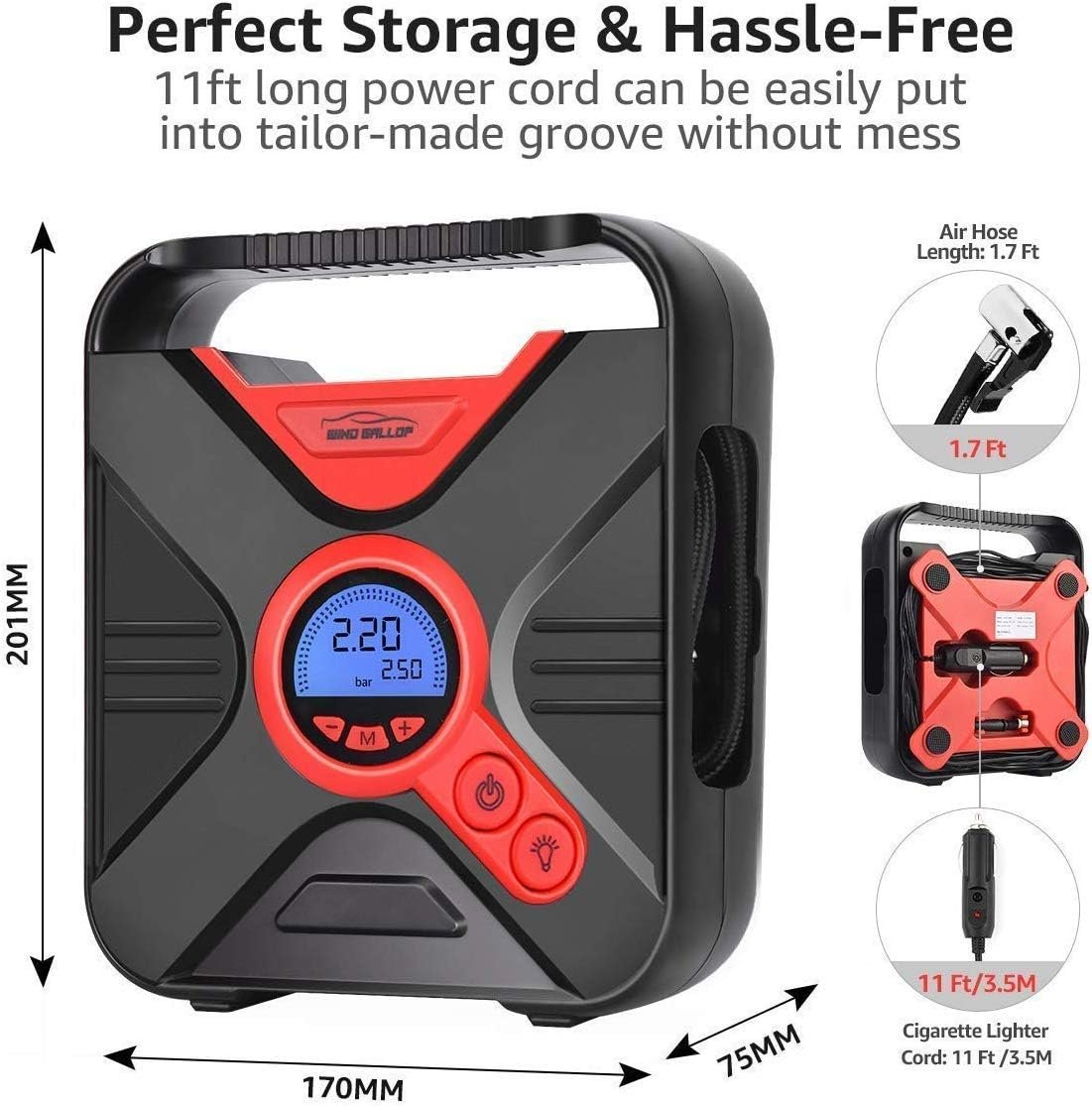 WindGallop Digital Car Tire Inflator Portable Air Compressor for Car Tires 12v Tire Inflator Air Pump with Pressure Gauge LED Light Valve Adaptors for Bike Car Ball and Pool Toys (Red)