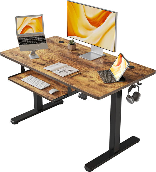 FEZIBO Height Adjustable Electric Standing Desk with Keyboard Tray, 40 x 24 Inches Sit Stand up Desk with Splice Board, Black Frame/Rustic Brown Top