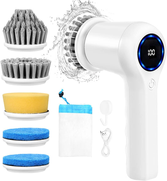 GRUTTI Electric Spin Scrubber, Rechargeable Bathroom Scrubber with Display and 5 Replaceable Brush Heads, 2 Speeds Cordless Cleaning Brush丨Power Shower Scrubber for Bathtub, Tub, Tile, Floor