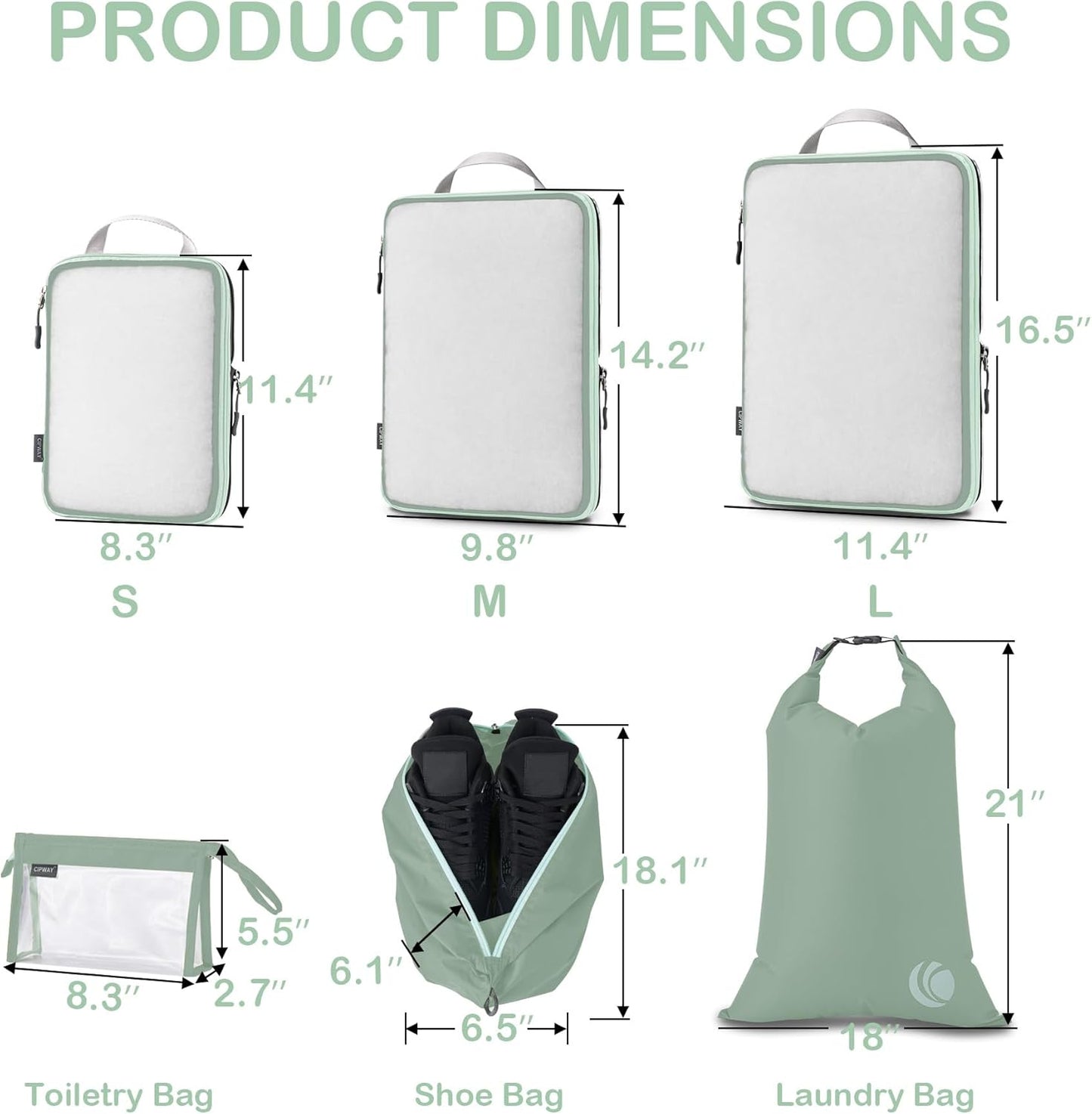 Cipway Compression Packing Cubes, See Through Mesh Luggage Organizer Bags,8 Set Travel Essentials for Carry on Suitcase with Laundry Bags Shoe Bags Travel Toiletry Bag（Sage green）