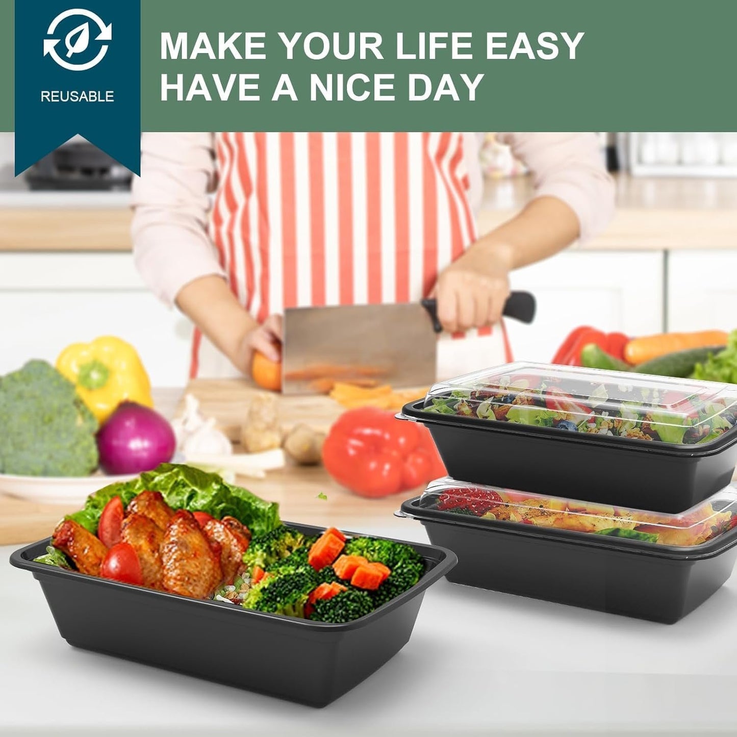 10 PCS Meal Prep Containers, Reusable Plastic Food Storage Containers with Lids, BPA Free, Microwave Safe, Disposable Containers for Bento Box, Single Compartment Food Storage Trays for Lunch (750ML)