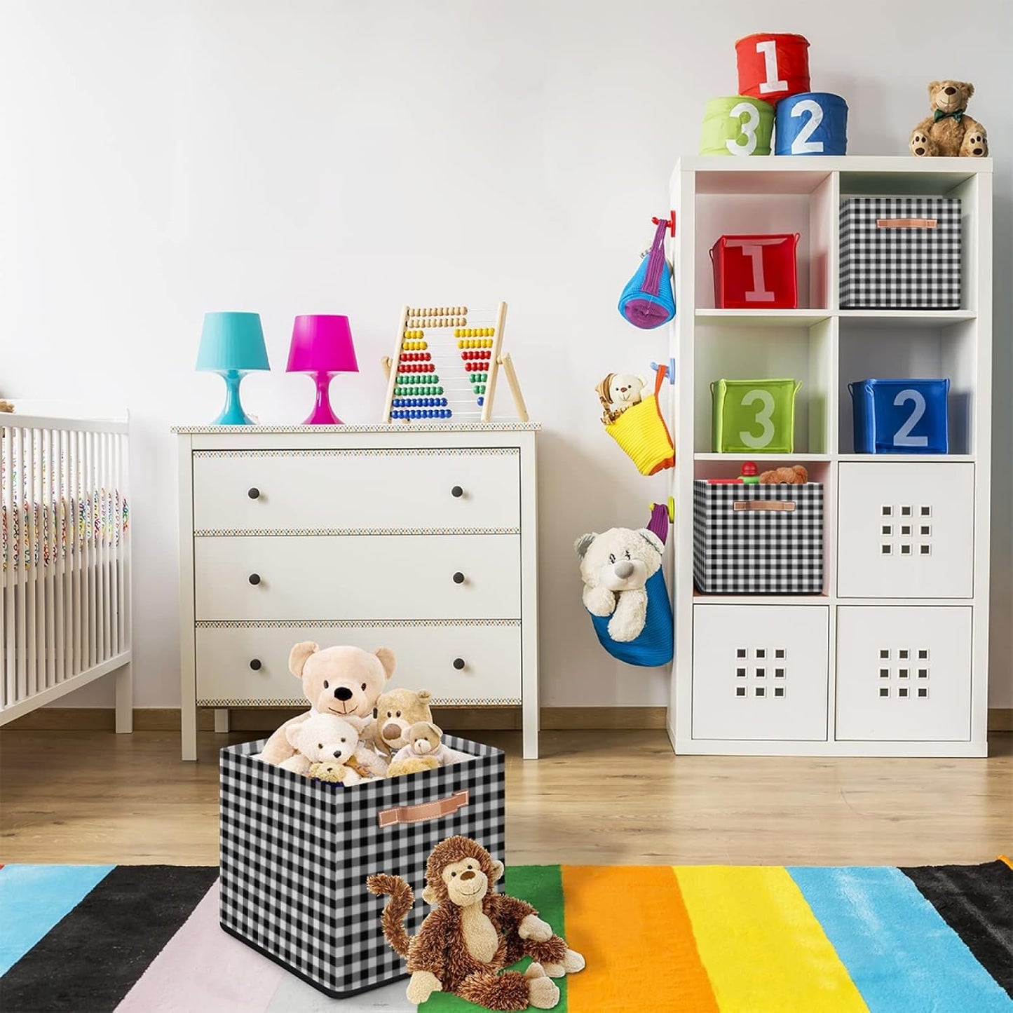 Cube Storage Bin Classic Plaid Check Pattern Large Cube Storage Basket 13×13In, Collapsible Storage Bin With Handles, Fabric Storage Box For Closet Shelves Nursery Toys Home Organization
