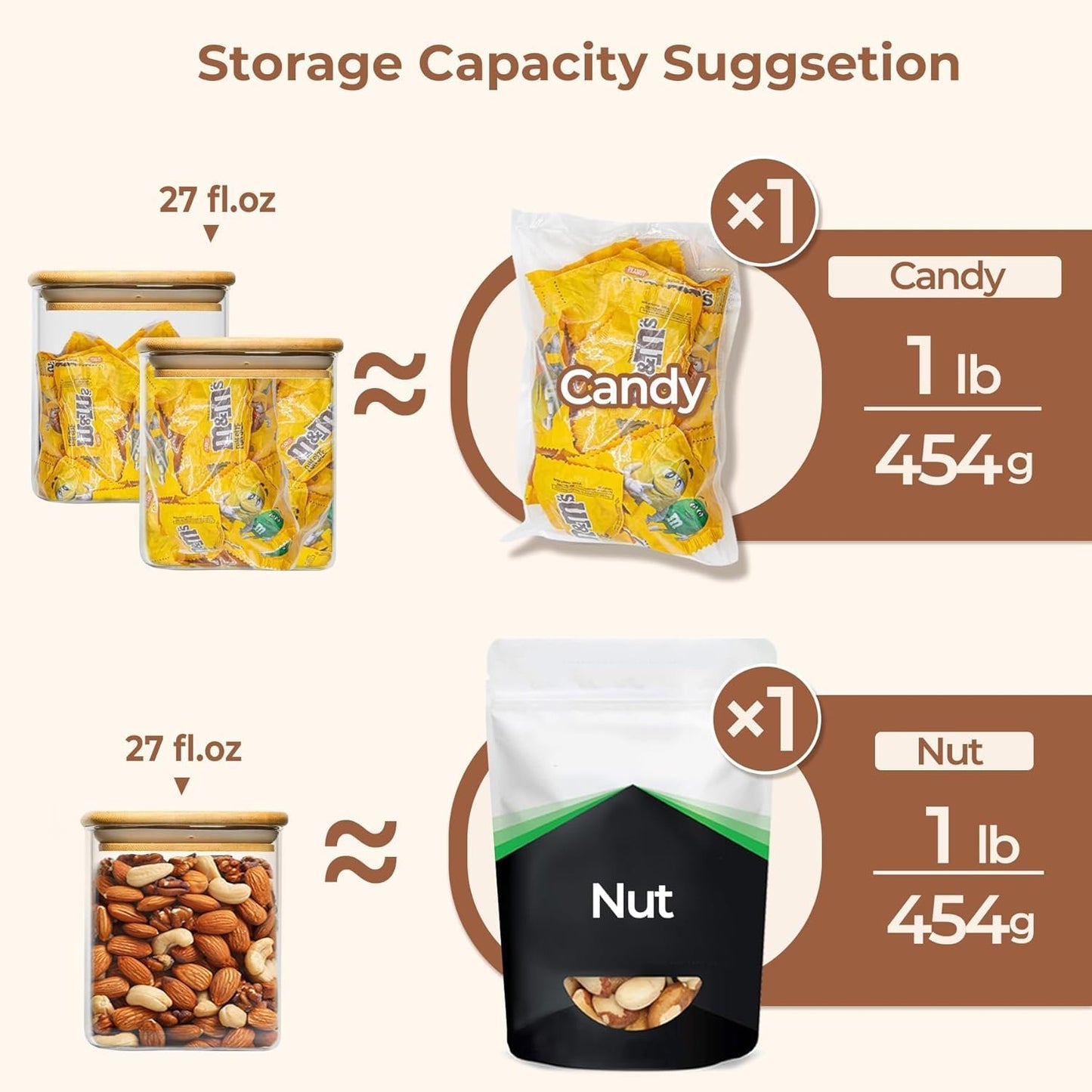 ComSaf Glass Food Storage Jars Set of 6, 27oz/800ml Clear Containers with Airtight Bamboo Lid, Pantry Organization Jar, Spice, Blooming Tea, Coffee and Sugar Container, Canister for Kitchen Square