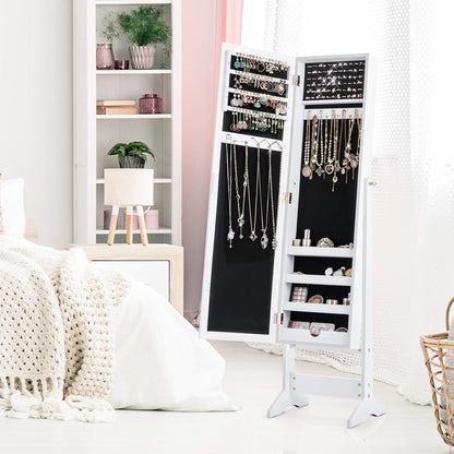 COSTWAY Floor Standing Jewellery Cabinet with 3 Corner Mirror, Jewellery Box Organizer for Bedroom Jewellery, 35 x 30 x 144 cm (White)