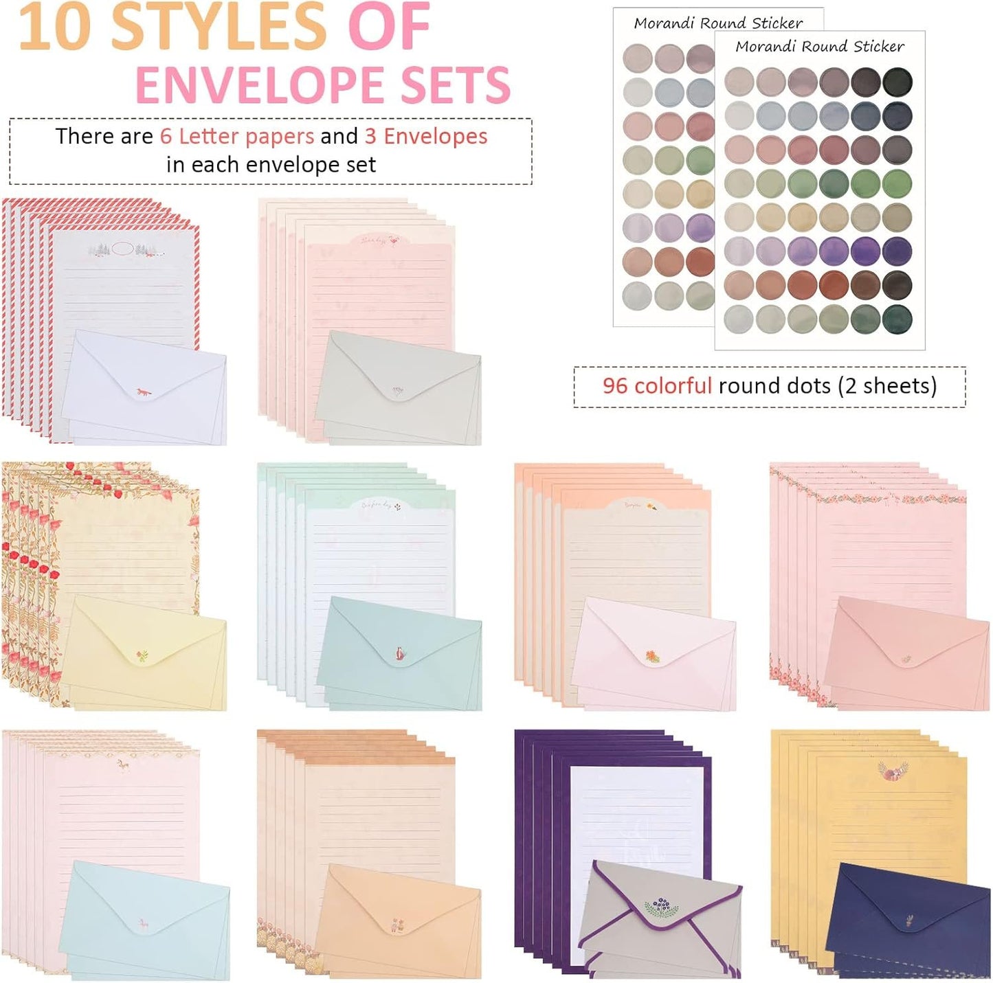 Laumoi 180 Pcs Papers and Envelopes Set - 60 Envelopes, 120 Lined Writing Paper, 96 Colorful Round Dot Stickers, 10 Designs (Vibrant)