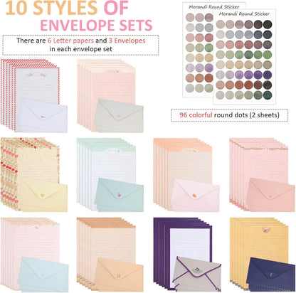 Laumoi 180 Pcs Papers and Envelopes Set - 60 Envelopes, 120 Lined Writing Paper, 96 Colorful Round Dot Stickers, 10 Designs (Vibrant)