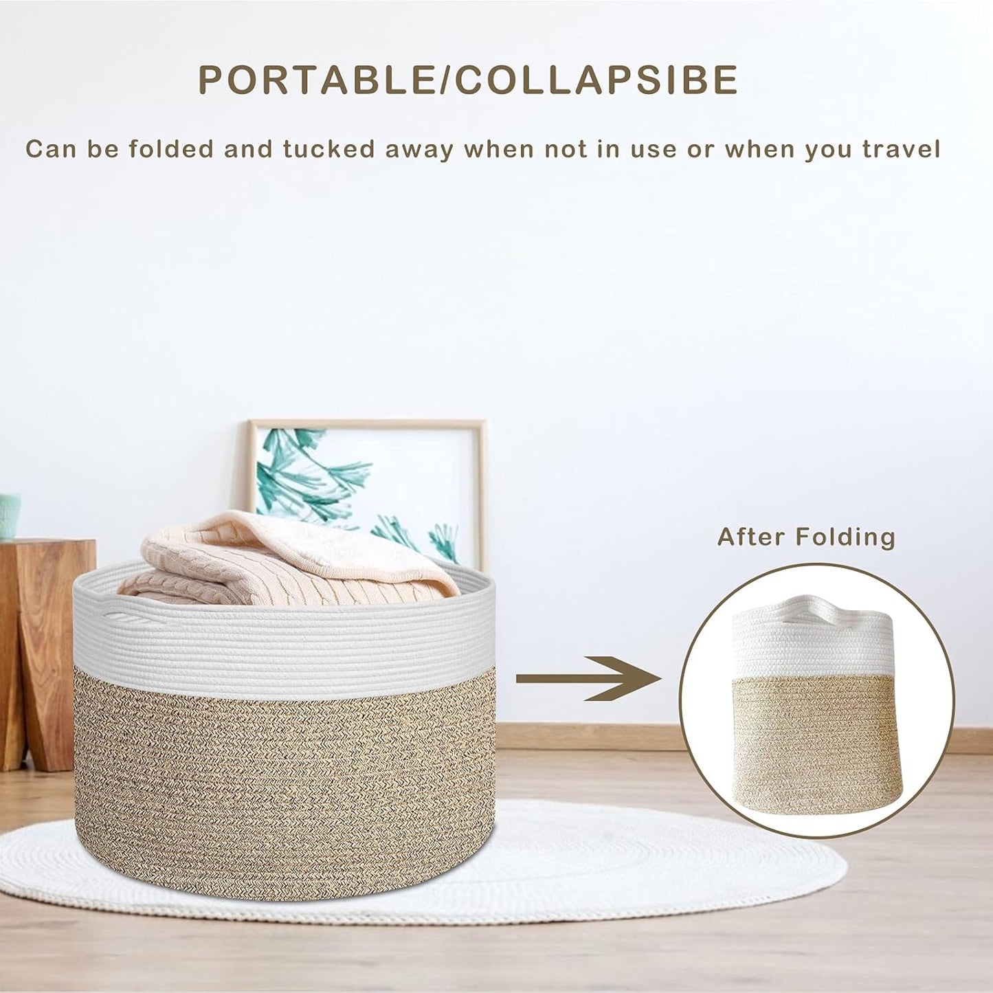 Extra Large 100% Cotton Rope Basket 21.7" × 21.7" × 13.8", SONPENT Woven Storage Laundry Basket Cotton Basket Pillows Storage Bin with Handle for Living Room Home Decor