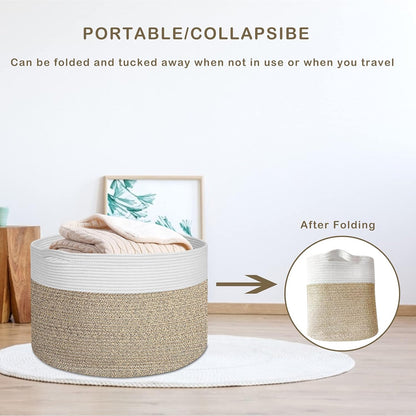 Extra Large 100% Cotton Rope Basket 21.7" × 21.7" × 13.8", SONPENT Woven Storage Laundry Basket Cotton Basket Pillows Storage Bin with Handle for Living Room Home Decor