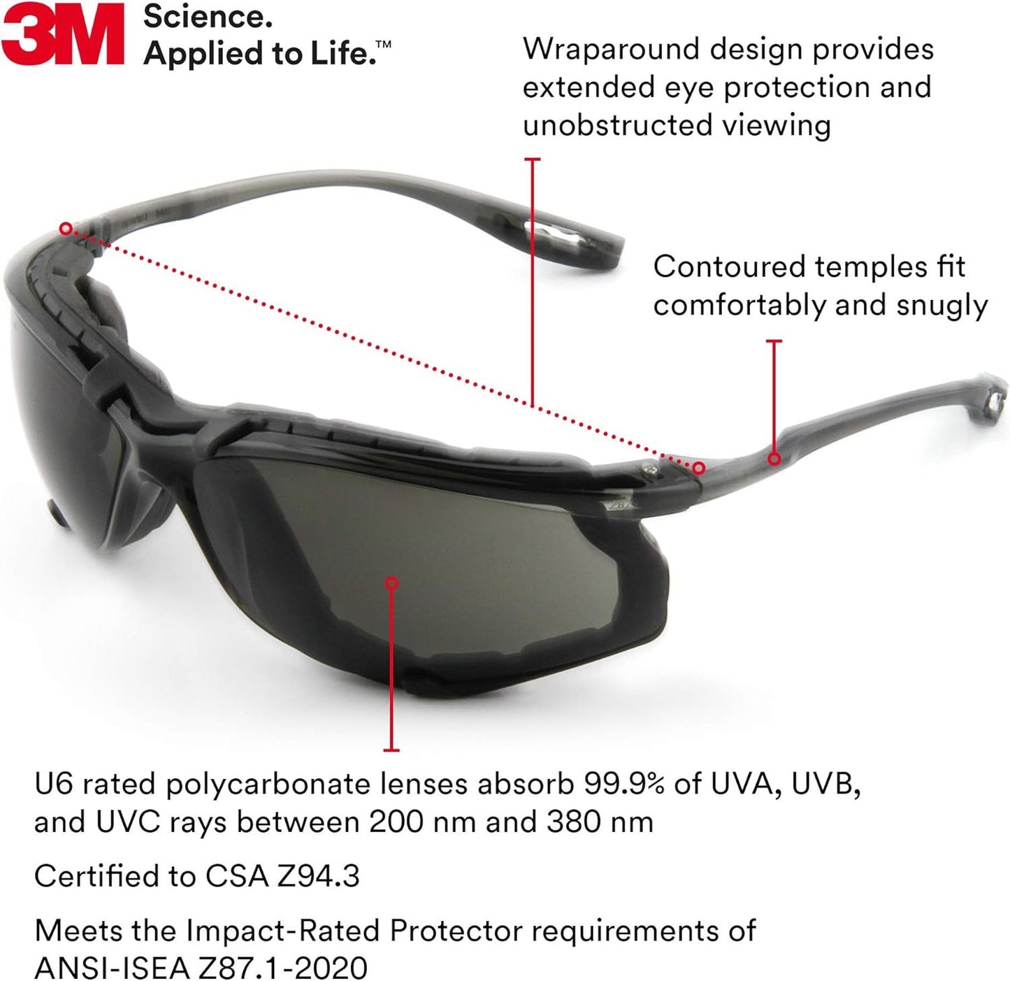 3M Safety Glasses, Virtua CCS, ANSI Z87, Anti-Fog, Gray Lens, Black Frame, Corded Ear Plug Control System, Removable Foam Gasket