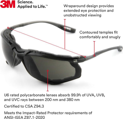 3M Safety Glasses, Virtua CCS, ANSI Z87, Anti-Fog, Gray Lens, Black Frame, Corded Ear Plug Control System, Removable Foam Gasket