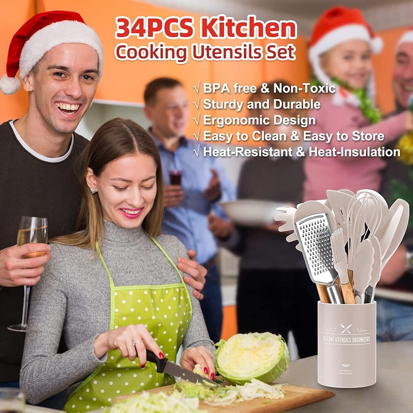 34 Pcs Silicone Kitchen Utensils Set Heat Resistant with High Quality Stainless Steel Handles for Cooking and Baking, Non-Stick Spatulas, Kitchen Utensils (Khaki)