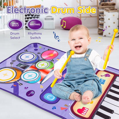 Toy for 1 Year Old Girl Gifts，2 in 1 Piano Keyboard & Drum Mat，Baby Musical Mat Toddler Toys Age 1-2，Kid Sensory Play Mat 12-18 Months，Early Educational Learning Birthday Gifts for Girls Boys