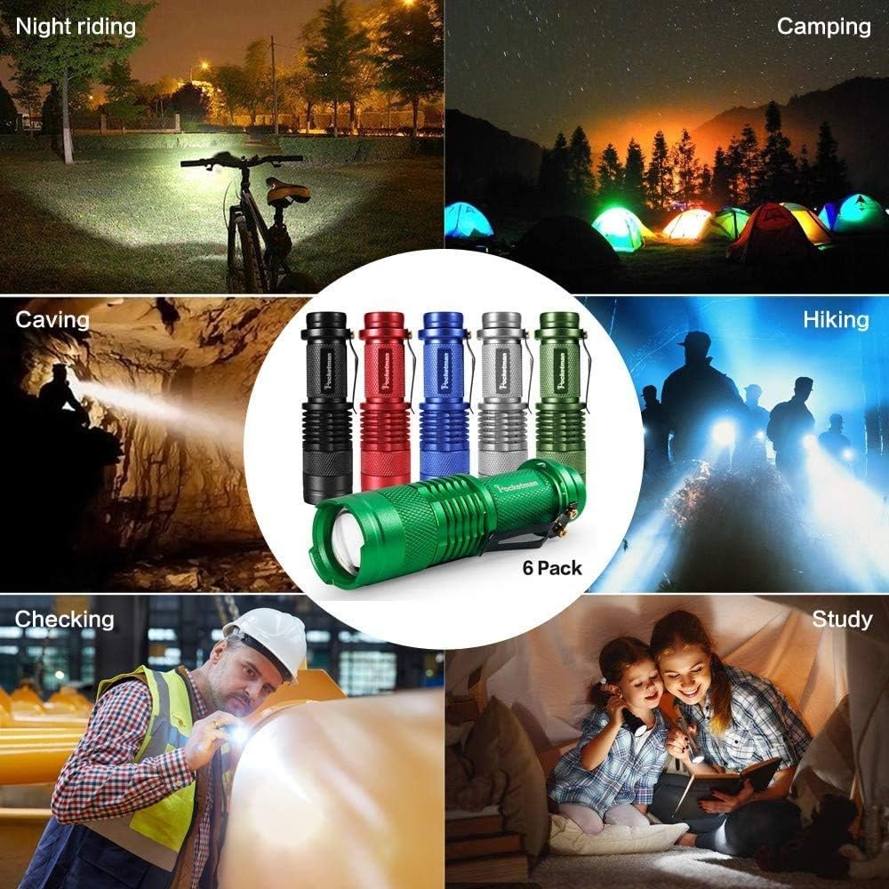 6 Pack LED Mini Flashlights 7W 300LM SK-68 3 Modes Adjustable Focus Zoomable Q5 LED Tactical Flashlight for Camping Hiking Emergency (Six Color Pack)