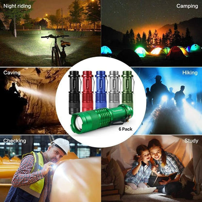 6 Pack LED Mini Flashlights 7W 300LM SK-68 3 Modes Adjustable Focus Zoomable Q5 LED Tactical Flashlight for Camping Hiking Emergency (Six Color Pack)