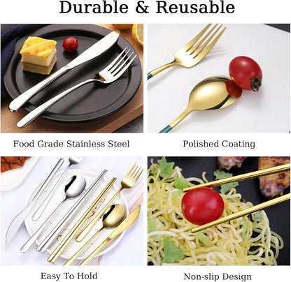 QLFJ-FurDec 9 Pcs Portable Travel Utensils Set, Stainless Steel Reusable Flatware Set, Cutlery Set with Knife Fork Spoon Chopsticks Cleaning Brush Straws Case Set for Camping, Picnic, Office, School(Pink-Gold)