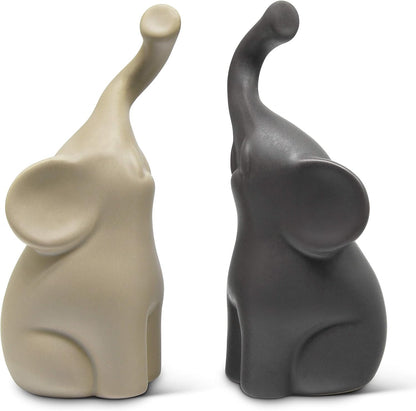 Harmonious Pair of Ceramic Elephants in Beige and Grey - Modern Sculpture - Pair of Two Individual Elephants - Decorative Figurine Height 16 cm - Elephant as a Perfect Gift Idea