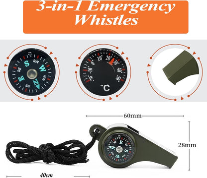 2 Pack Emergency Survival Whistle - Upgraded 3-in-1 Emergency Whistles with Compass and Thermometer/Loud Safety Whistle with Lanyard for Outdoor Hiking, Boating, Camping, Hunting, Fishing