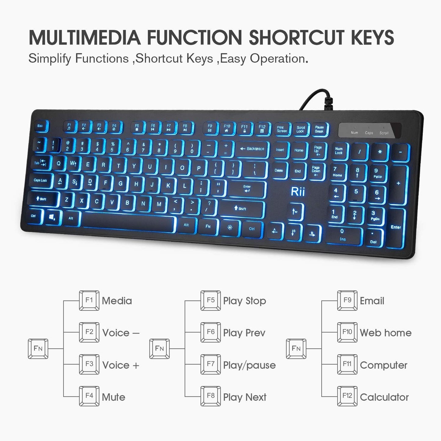 Rii Three Colors Backlit Keyboard and Mouse, Wired Keyboard and Mouse Combo, USB Keyboard and Mouse Set,Quiet Input Gaming Keyboard,Optical RGB Mouse for School,Office,Business and Gaming